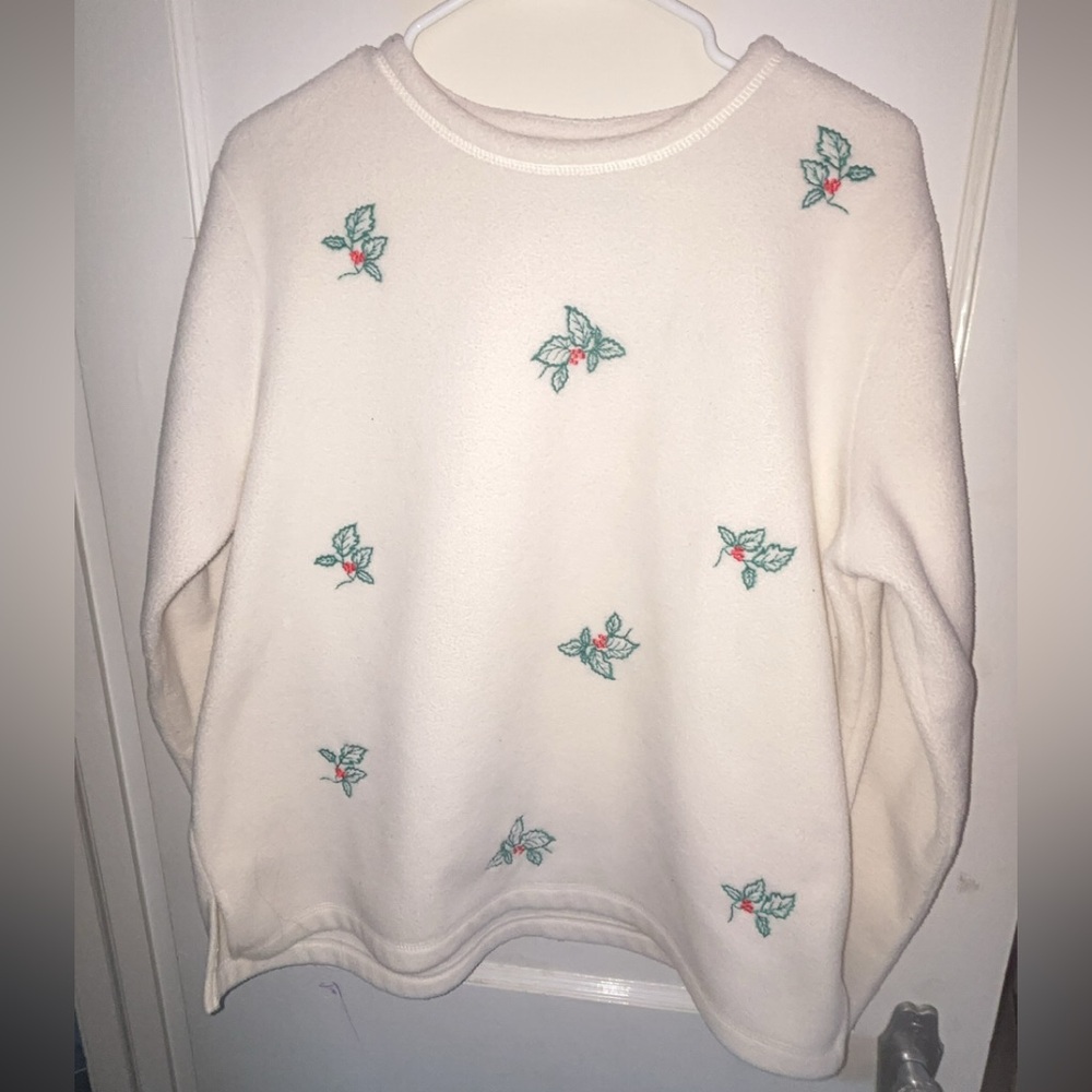 Vintage Holiday Editions Cream Sweater with Embroidered Holly Berries